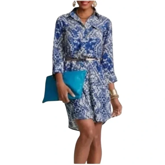 CAbi blue Jewel print button up shirt dress style # 422 roll tab sleeves… - Picture 2 of 11